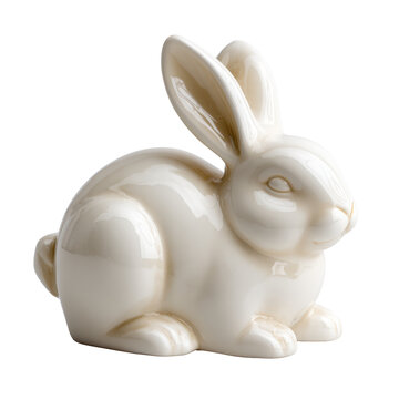 Glossy white ceramic rabbit figurine sitting in profile isolated on transparent background