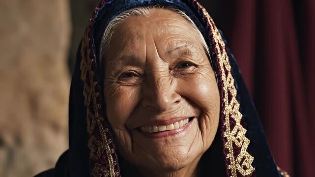 Portrait of a Happy Elderly Woman with Wrinkles, Wearing a Traditional Headscarf with Ornate Trim