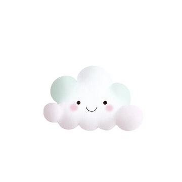 Cute pastel smiling cloud illustration with rosy cheeks and soft paper texture isolated