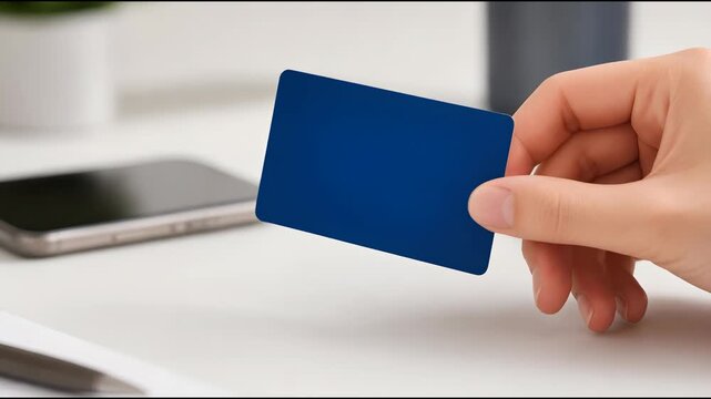 Female hand holding blue blank card closeup, business card mockup template, plastic card in hand, minimalist office branding design