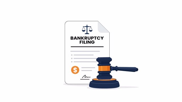 Bankruptcy filing document with court gavel, flat 2D vector animation element on a transparent background for legal, financial, and business concepts.