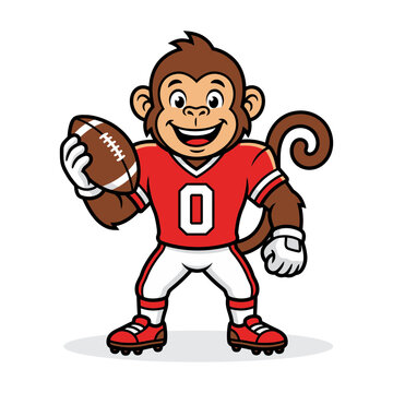Cute monkey football player mascot wearing red jersey uniform holding american football ball vector illustration with football american character illustration competition