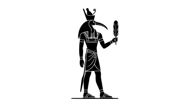 Black Thoth ibis headed Egyptian god holding Maat feather ancient mythology vector silhouette