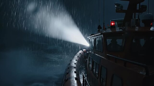 Rescue boat navigates stormy seas at night, illuminating dark ocean with powerful searchlight