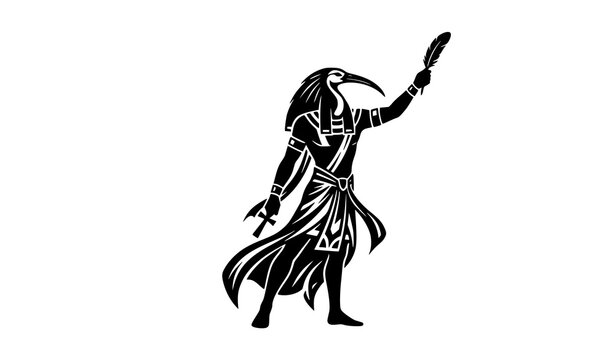 Ancient Egyptian god Thoth ibis silhouette holding Maat feather black white vector illustration