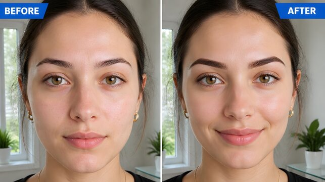 Before and After Eyebrow Microblading Treatment &ndash; Woman's Face Comparison