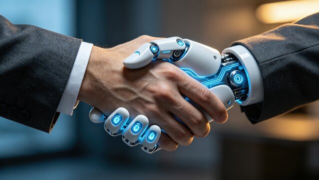 Human and robot hands shaking in business agreement, concept for artificial intelligence collaboration, automation, digital partnership and future workplace technology