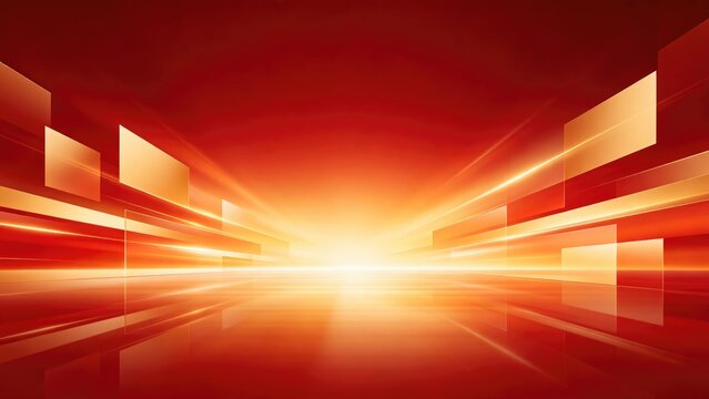 Glowing red and orange abstract technology corridor with geometric panels and bright horizon, concept for digital innovation, high speed communication and futuristic business background