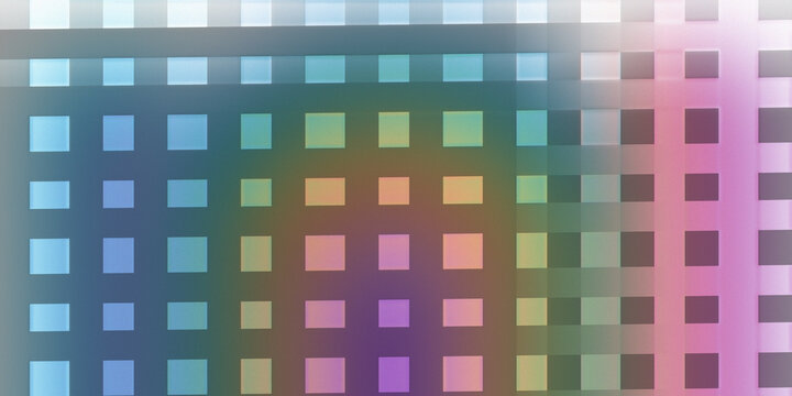 Colorful grid background with rainbow gradient and square tile effect.