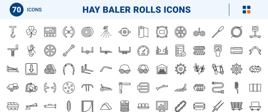 Hay Baler Rolls line icon set. Vector pictograms of harvesting, baling, equipment, and forage elements, thin linear illustration.