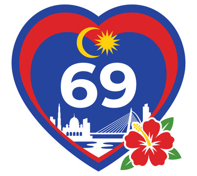 Malaysian independence day 69 in heart shape frame with city skyline bridge and red hibiscus flower