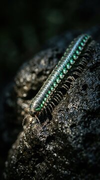 Close up of a metallic green millipede crawling on a dark wet rock