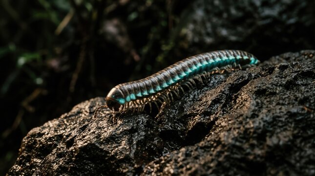 Close up of a blue and black millipede crawling on a dark textured rock