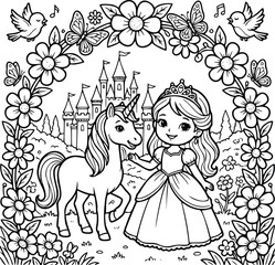Whimsical princess coloring page with unicorn and castle. Fairy tale line art illustration. Magical garden scene for kids activity. © MdMahamudul