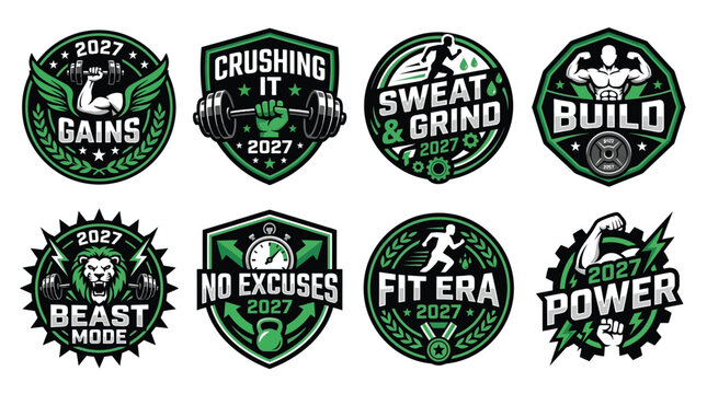 Dynamic 2027 fitness workout badges with detailed illustrations of runners lifters and lions in green and black style