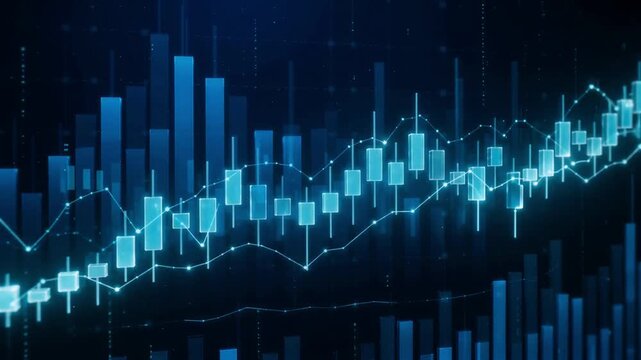 Financial market candlestick charts moving across blue background screens in high quality digital animation motion clip for global business investment