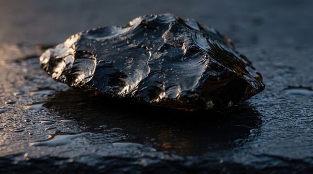 Close up of a rough black obsidian stone with sharp edges on a wet dark surface
