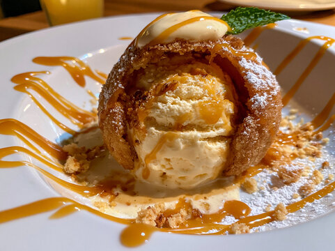 Aiskrim goreng bersalut rangup dengan inti aiskrim vanilla yang lembut, disiram sos karamel dan dihidangkan bersama gula aising serta daun pudina.