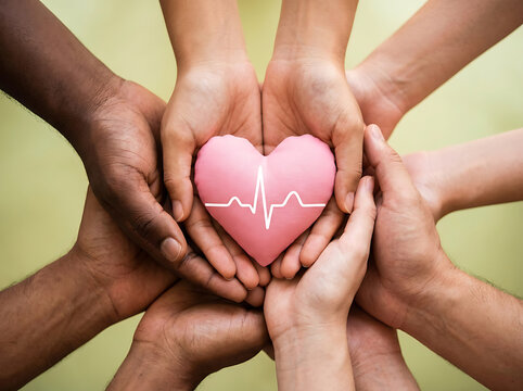 Diverse people holding a pink heart