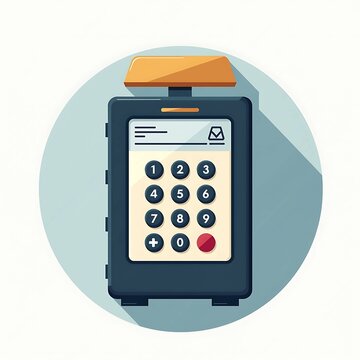 Electronic pin pad terminal icon on blue round background
