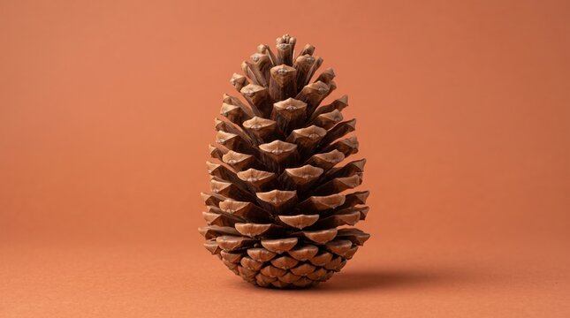 A single brown pine cone isolated on a warm orange background