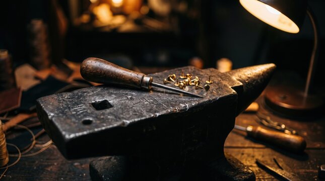 Leatherworking tools and anvil in a dimly lit workshop