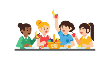 Fototapeta premium Diverse Group of Happy Children Sharing Fresh Fruit and Healthy Snacks at a Share Table, Vector Illustration for School Nutrition and Community Programs