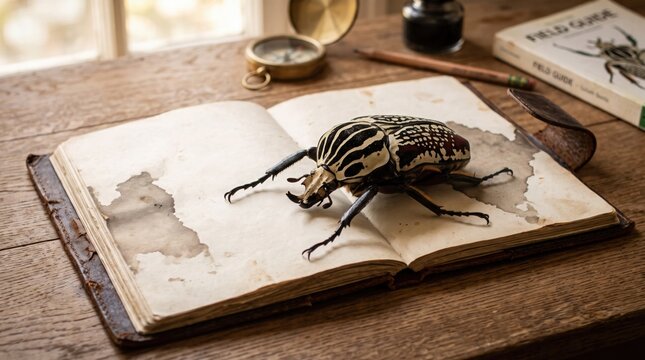 Giant Goliath Beetle on Old Open Book with Compass and Field Guide