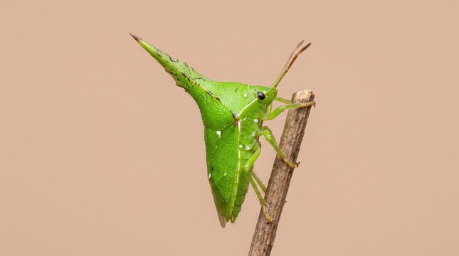 Green Thorn Bug Insect Perched on Twig with Plain Background