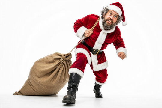 Senior im Weihnachtskost&uuml;m schleppt schweren Jutesack