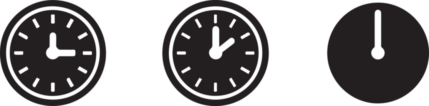 Set of three black and white flat vector clock icons representing time management