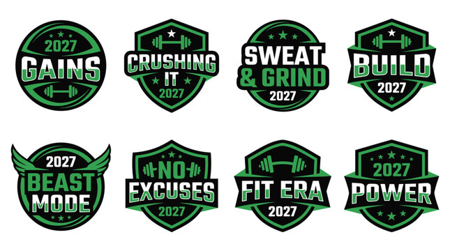 Minimalist 2027 fitness gym workout badge set featuring gains and beast mode text in green and black shield designs