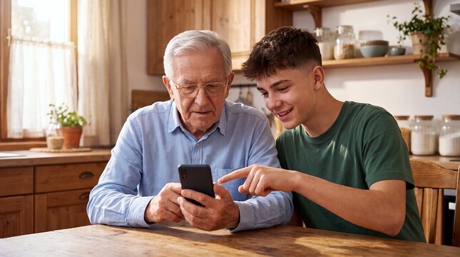 Grandfather and Grandson Using a Smartphone Together at Home.