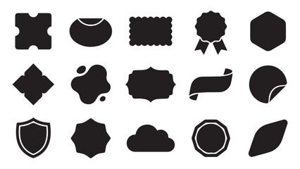 Fototapeta premium Collection of black silhouettes featuring various shaped frames ribbons shields and abstract design elements on a white background