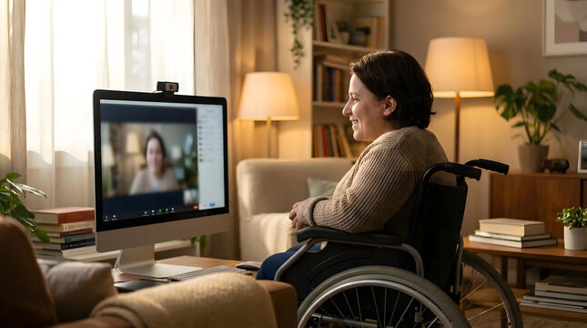 Woman in wheelchair having telehealth consultation at home.