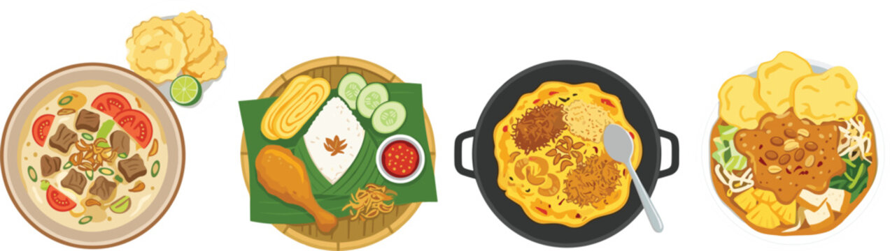  Traditional Indonesian food collection with Soto meat soup Nasi Timbel chicken rice Kerak Telor and Gado Gado salad vector