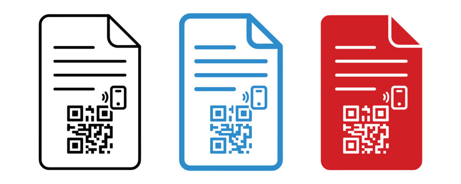 Document and QR code with mobile phone scan icon vector illustration set in black, blue and red colors