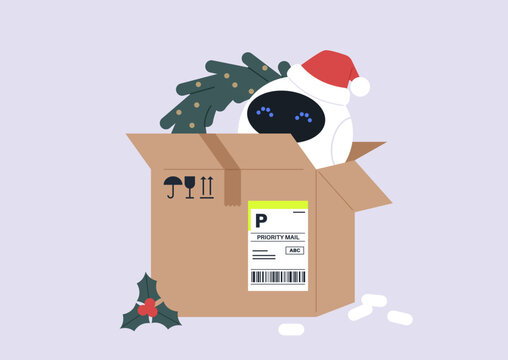 Cheerful delivery robot arrives in a decorated box, ready to spread Christmas cheer, it sports a Santa hat and holiday decorations, embodying the spirit of giving.