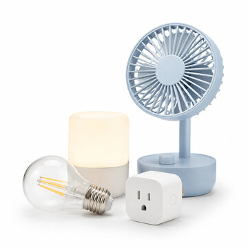 Energy efficient lighting fan and smart plug on white background