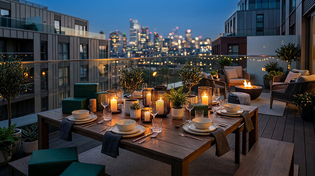 Dining table set with candles on a rooftop terrace overlooking the city skyline at night