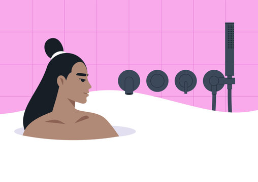 A young character enjoys a serene bath surrounded by elegant, modern fixtures and soft, fluffy bubbles, The atmosphere radiates calmness in a chic bathroom setting.