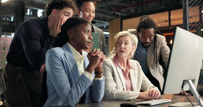 Meeting, computer and business people with bad news in office for missed deadline or project fail. Disappointed, group or employees with technology, team or stress for mistake or loss in workplace