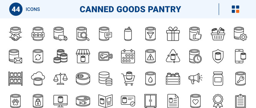 Canned Goods Pantry line icon set. Vector pictograms of food storage, preserved food, pantry inventory, and tin packaging elements, thin linear illustration.