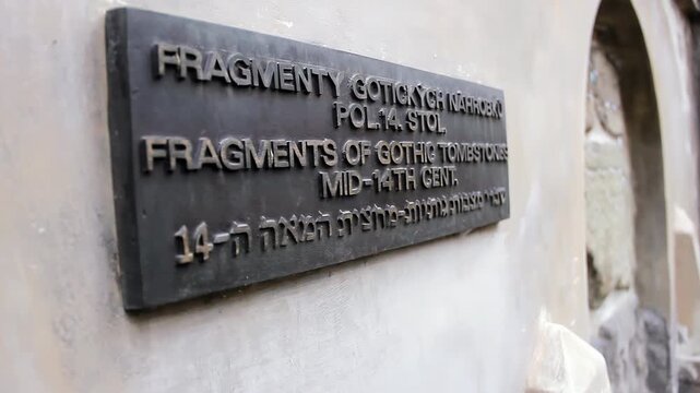 Historic Sign About Gothic Tombstones At Old Jewish Cemetery Entrance In Prague - 4K