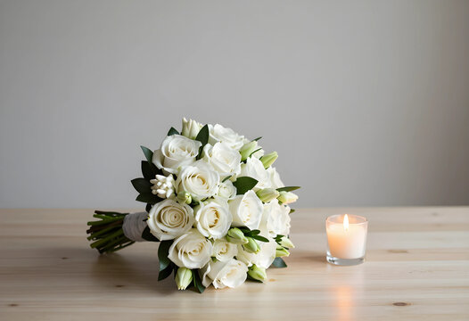 Wedding bouquet with white roses and candle, celebration of love and romance, elegant floral arrangement on wooden table