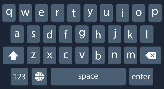 Dark Blue Mobile Keyboard QWERTY Layout with Letter and Function Keys Flat Vector on Dark Background
