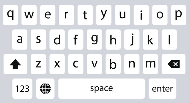 White Mobile Keyboard QWERTY Layout with Black Letter and Function Keys Realistic Vector on Light Background