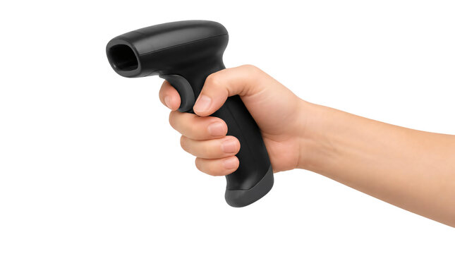 Hand holding handheld barcode scanner isolated on transparent background