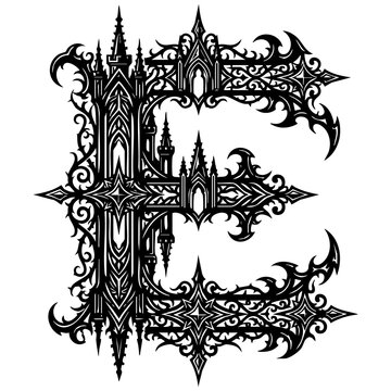 Dark gothic letter e architectural style vector design with spikey towers and medieval cathedral motifs alphabet initials typography