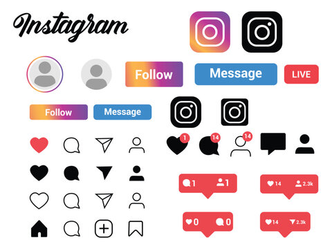 Instagram interface icon set editorial illustration with logos and follow buttons